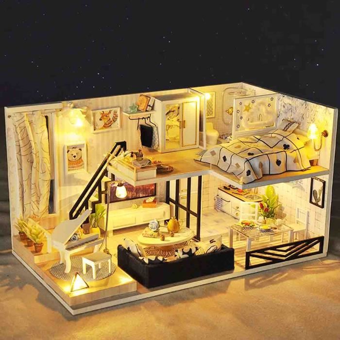 TEMPSA MiNi Maison de poupées Cockloft DIY Miniature Moderne -Lumière LED Pour Cadeau D'enfant Jouet Créatif -30x16.5x17cm