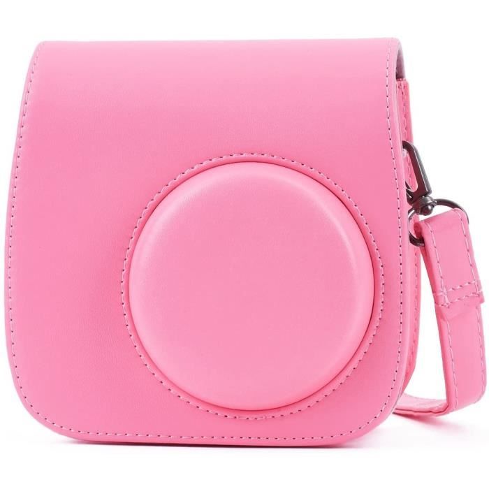 Housse pour Appareil Photo Instax Mini 9, Mini 8/8+, Sacoche Rangement Protection Cuir PU Lisse avec Bandoulière(Rose Flamingo)