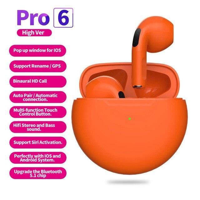 Orange -Écouteurs sans fil Air PRO 6 TWS,Mini casque d'écoute,Bluetooth 5.0,son stéréo HIFI,Pop up automatique,pour Xiaomi Ipho