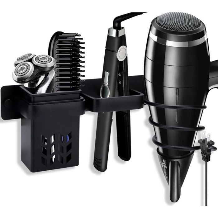 Support de Sèche-Cheveux et Lisseur - LARGEIGHT - Aluminium - Sans Perçage - Couleur Noir - 3 en 1