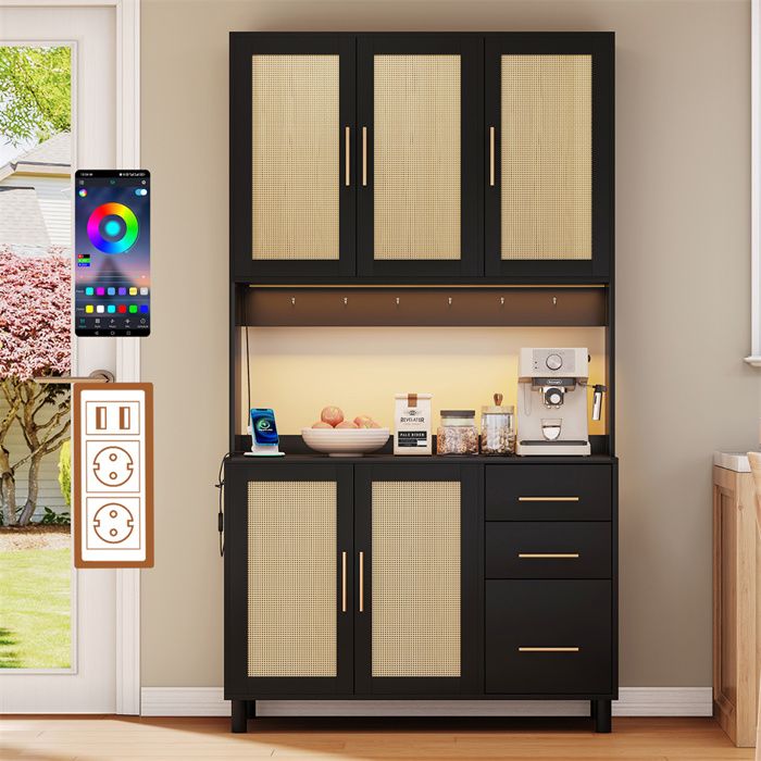 Buffet Haut avec 2 Ports USB et Prises Buffet Salle a Manger Rangement Vaisselier Cuisine LED Commandé par App Noir et Bois