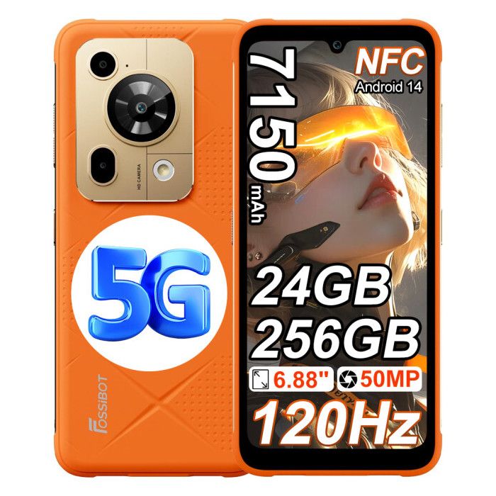 5G Smartphone Robuste FOSSiBOT F112 Pro 24Go+256Go 6.88 HD+ 50MP+16MP 7150mAh Android 14 Double SIM/Face ID/GPS/NFC Orange