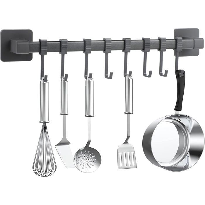 Support Ustensiles Cuisine Sans Perçage à Ventouses - 31 Cm, 10 Crochets Mobiles, Gris - Pour Carrelage, Verre, Métal - 11