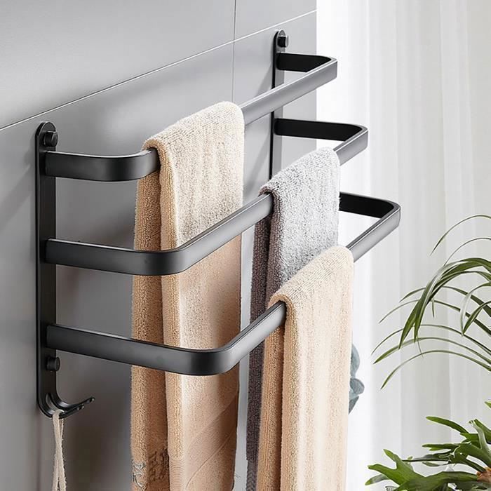 porte serviettes 3 étages-avec Crochets- Étanche-Porte Serviette Murale pour Salle de Bain Cuisine sans Percages 60cm Noir