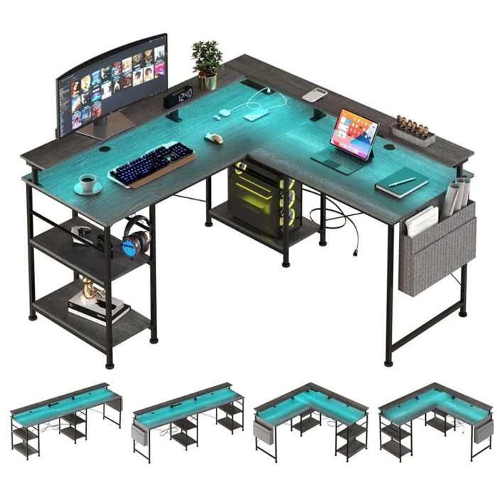 Bureau dordinateur en L avec éclairage LED intelligent prises électriques et ports USB intégrés design minimaliste noir