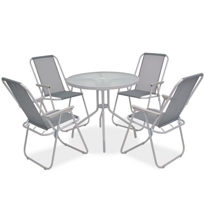 Ensemble à manger dextérieur - JILL - 6 pièces - Acier et textilène - Gris - Table 80x70 cm - Chaises empilables