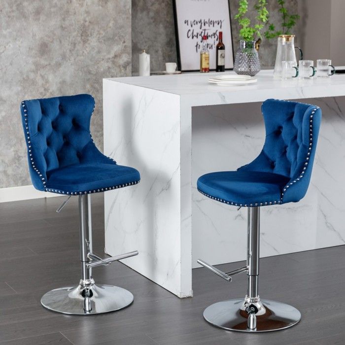 lot de 2 Tabouret bar pivotant velours assise réglable 63-84cm dossier capitonné base chrome bleu 46x95-116cm