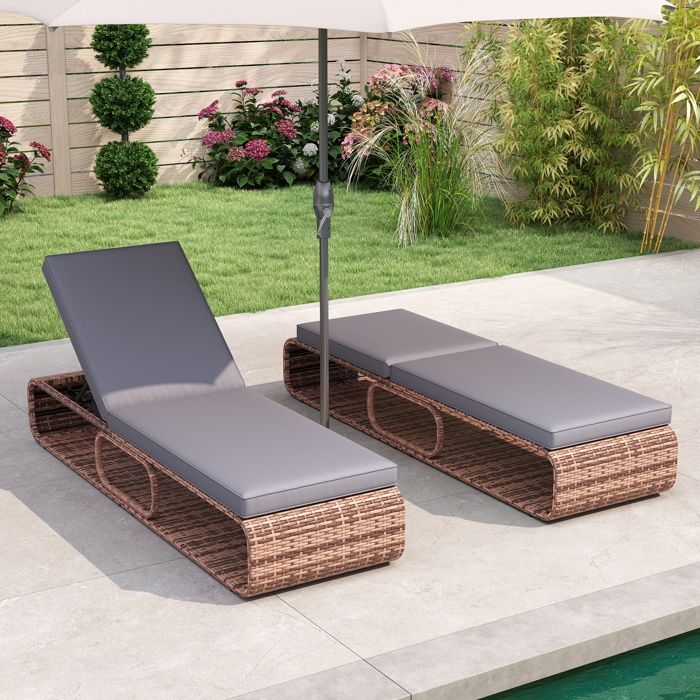 Chaise de Jardin Extérieur en Rotin PE COSTWAY Dossier Réglable Chaise Longue Inclinable à 7 Positions Rangement Coussin Gris