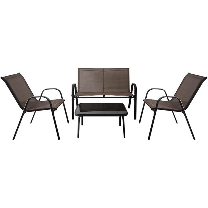 GIANTEX 4 Pcs Ensemble de Salon de Jardin avec 3 Chaises en Tissu et Table Basse en Verre Trempé pour Jardin Terrasse Marron