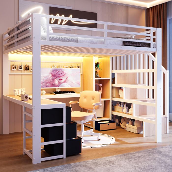 Lit Mezzanine en fer 140x200 avec LED et bureau Lit Enfant avec 4 tiroirs et penderie Escalier Rangement Blanc(Sans Matelas)