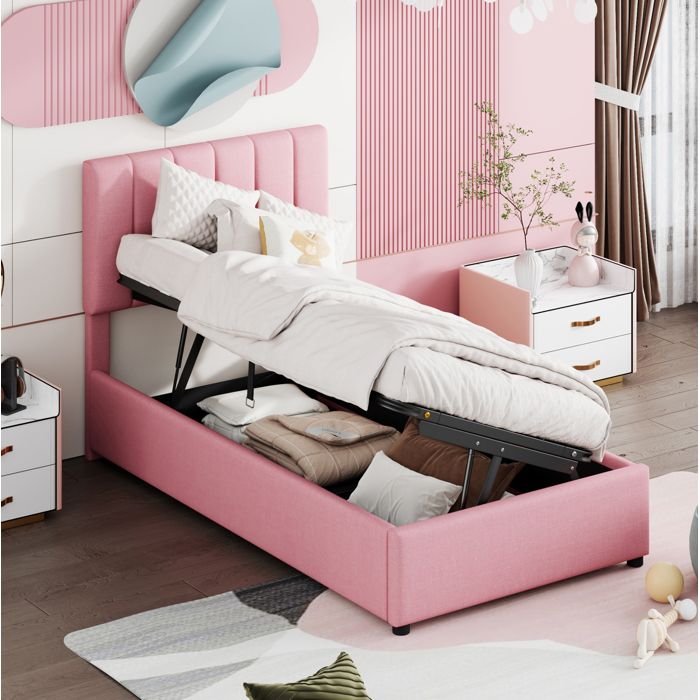 Lit enfant coffre 90 x 200 cm en lin rose avec rangement hydraulique