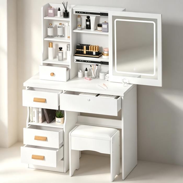 WILITTO Coiffeuse avec Miroir LED - 5Tiroirs - Miroir Lumineux Coulissant - 80x36x125cm - Blanc