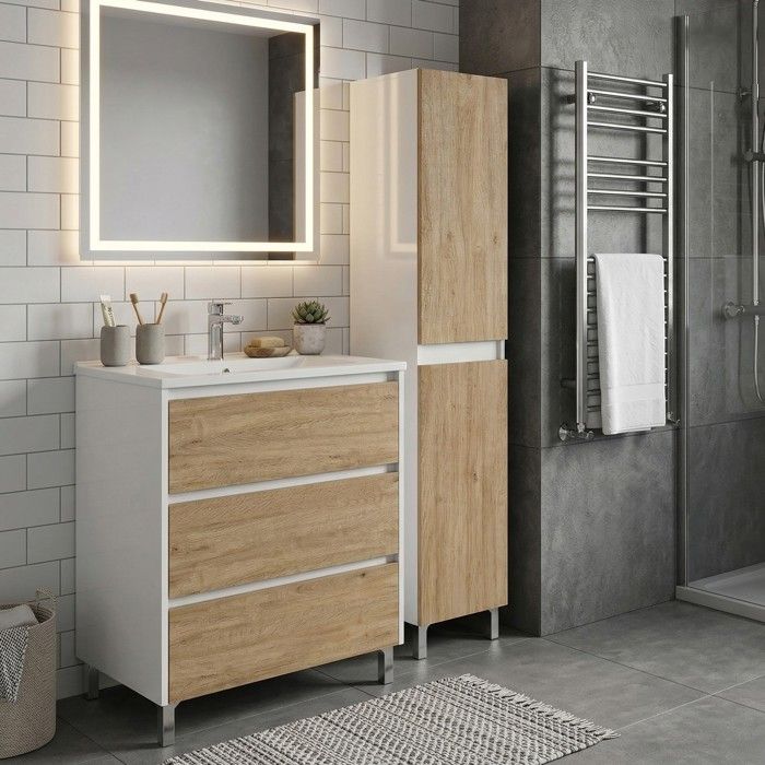 Ensemble meuble vasque L.60cm + 1 colonne sur pied Blanc laqué 3 tiroirs Chêne naturel LISBONA Ensemble meuble vasque L.60cm + 1 colonne sur pied Blanc laqué 3 tiroirs Chêne naturel LISBONA