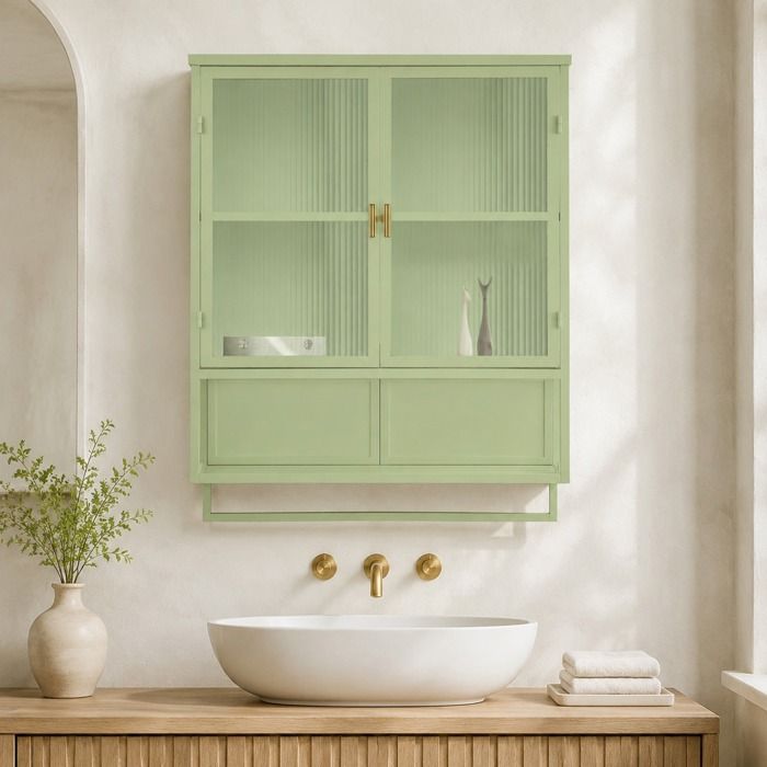 Vitrine murale 60 cm à 2 portes 2 niveaux étagère ouverte et porte-serviettes - BEAUNIV - Vert verre métal