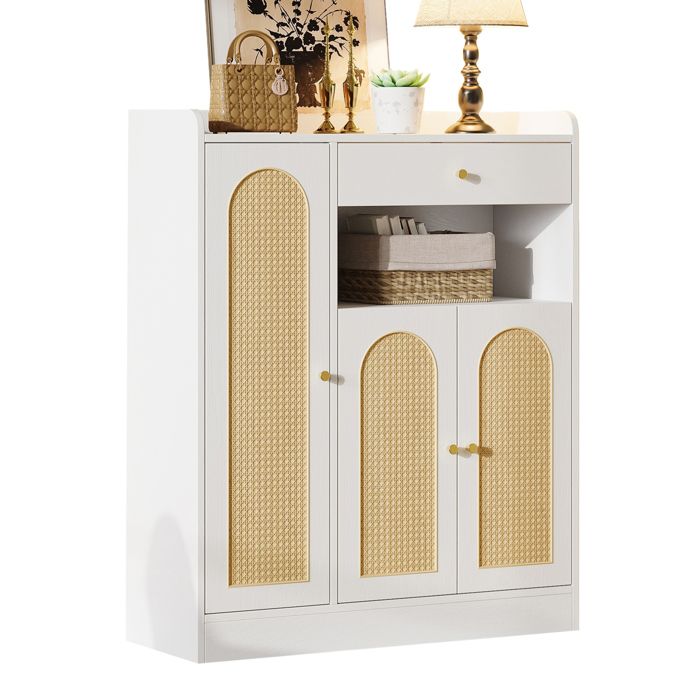 Armoire en rotin blanc et bois avec 1 tiroir et 3 portes étagères réglables 90x35x110 cm