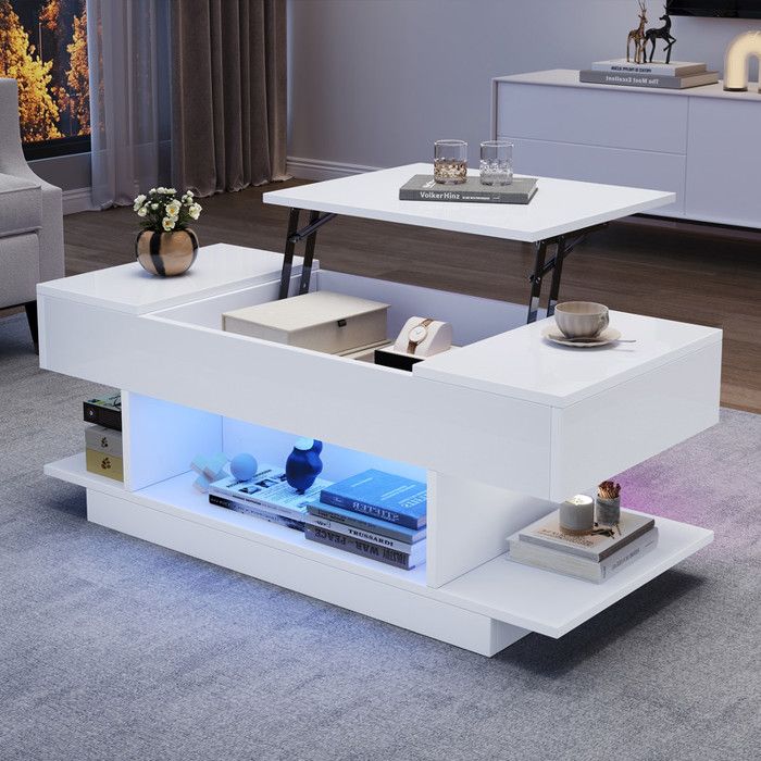 Table basse brillant avec LED98x45x40cmélévateur Table basseavec 2 armoires pliantestable de salon - rangement semi-ouvertblanc