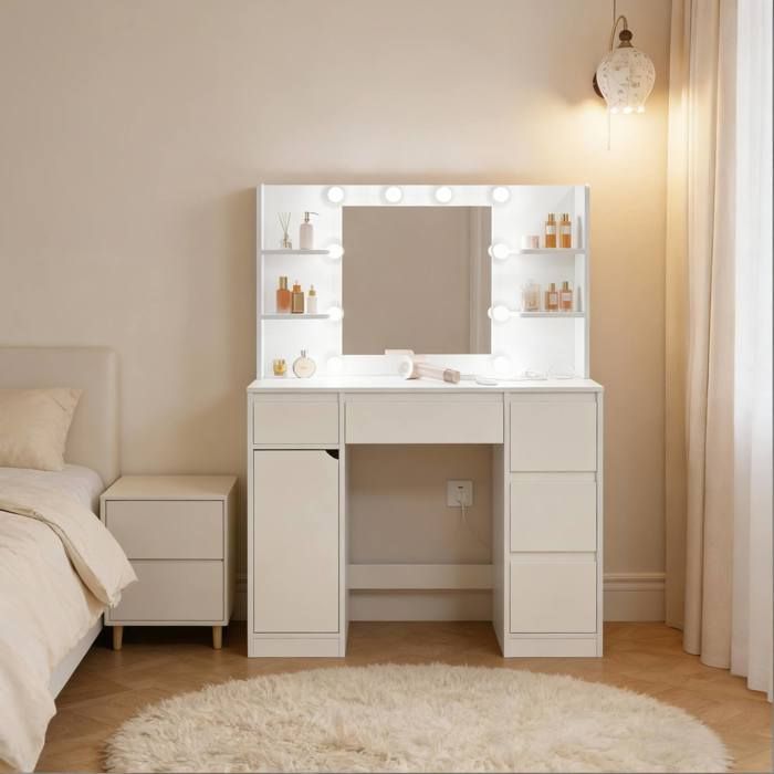 Coiffeuse blanche avec miroir LED rangement prises USB 5 tiroirs style moderne