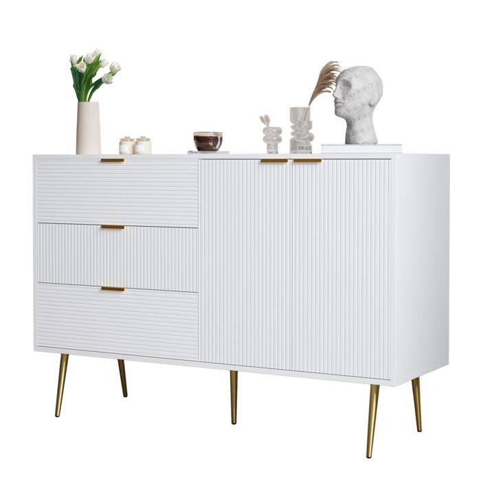 Buffet bas 3 Tiroirs et 2 Portes avec Étagères Intérieures - TCQPZ - MDF Blanc et Or pour Salon 120×38×805 cm