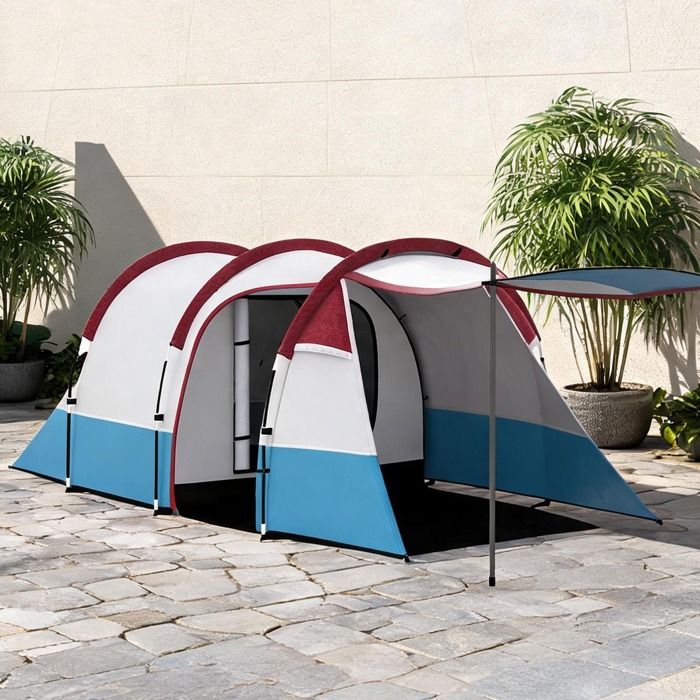 Abri de camping 3 places en polyester enduit PU 2000 mm structure tunnel rouge 2 pièces crochet lampe 420x200 cm
