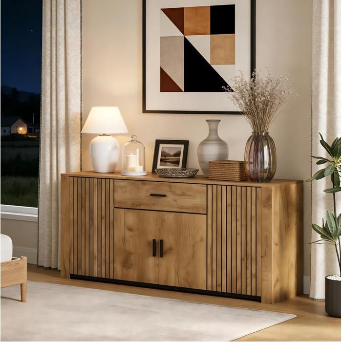Buffet bas 160 x 40 x 75 cm effet chene 4 portes et 1 tiroir etageres reglables panneau de particules