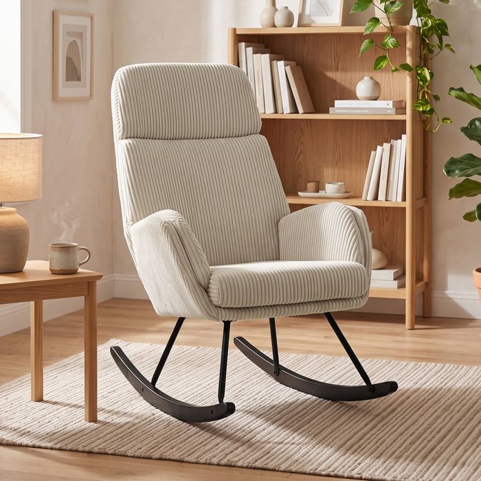 Fauteuil à Bascule Rocking Chair en Velours Côtelé avec Dossier Haut et Accoudoirs Pieds en Bois dhévéa Beige