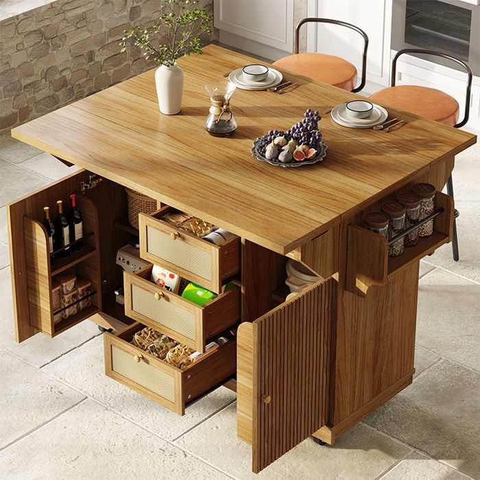 Desserte de cuisine mobile - Memkey - 142 5 x 40-80 x 95 cm - Marron foncé - Plateau rabattable tiroirs effet rotin