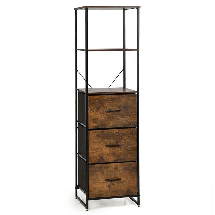 3 tiroirs + 3 étagères commode de rangement verticale pour vêtements et livres structure stable en acier brun rustique