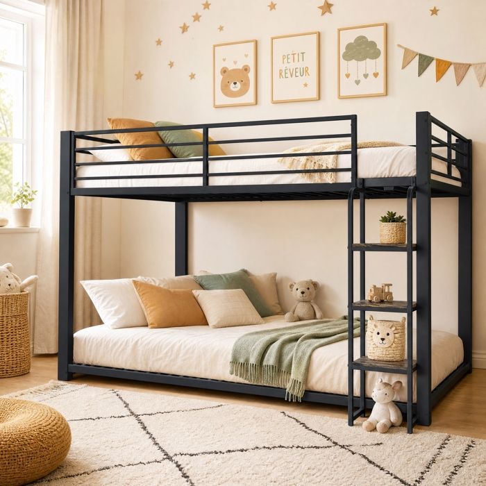 LEMONMAX Lit Superposé 4 Places en Métal 2 x 140 x 200 cm - avec étagère en Bois pour Enfants et Adolescents Noir