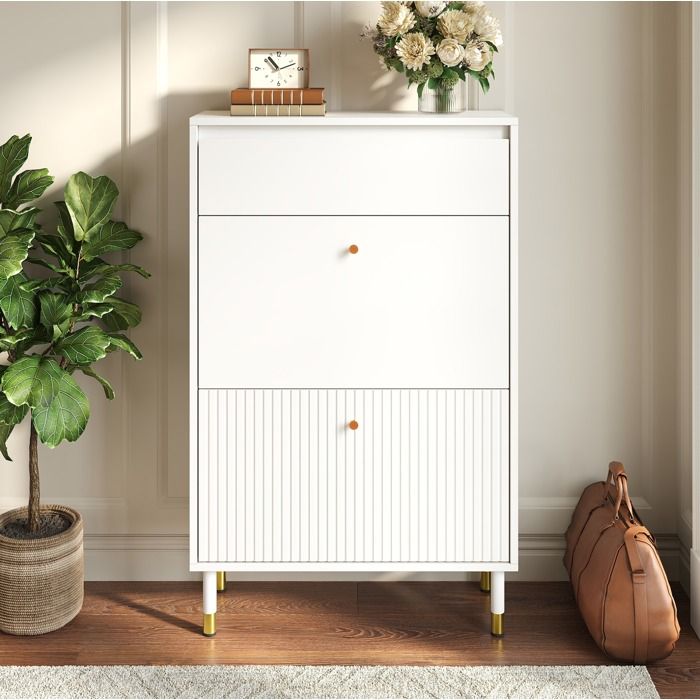 Meuble chaussures étroit avec 2 abattants et 1 tiroir 65x24x104 cm rangement dentrée blanc MDF pieds métal VEVXYN
