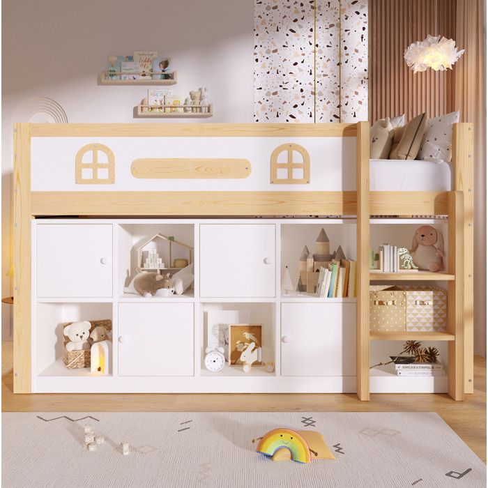 Lit Mi-Hauteur 90x200 Blanc Naturel Lit Mezzanine FloraGrace Pour Chambre Enfant Avec Rangements Et Echelle 205x94 5x120cm