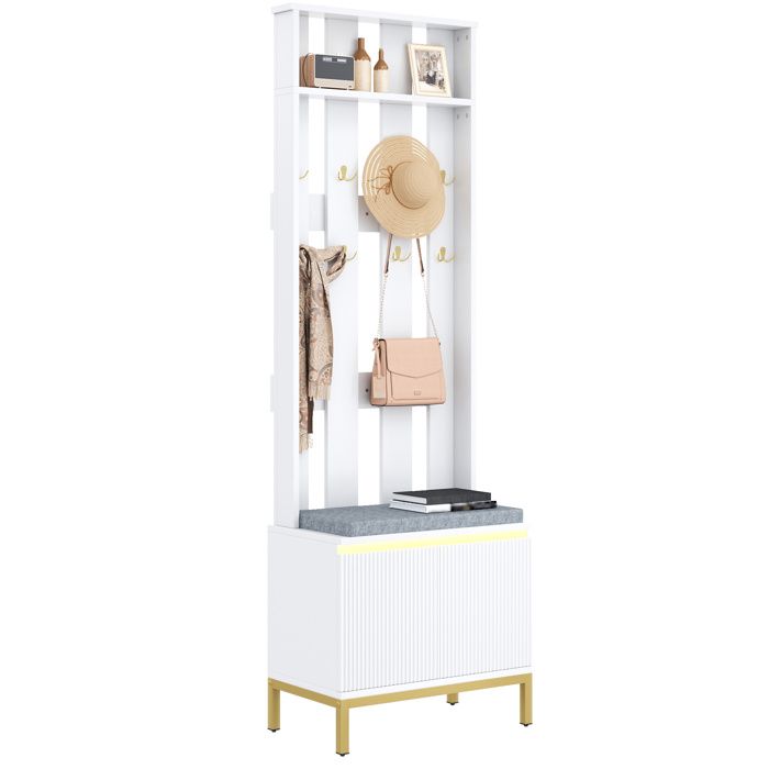 Meuble dentrée vestiaire avec banc rembourré chaussures 2 portes 8 crochets doubles LED blanc mat 60x35 5x191 5 cm JOINERY
