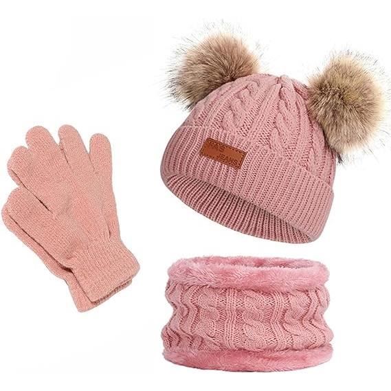 3 en 1 Ensemble Bonnet Echarpe Gants Enfant Hiver Tricote Tour de Cou Chaud avec Doublure Hiver pour Fille et Garcon 1 11Ans Rose