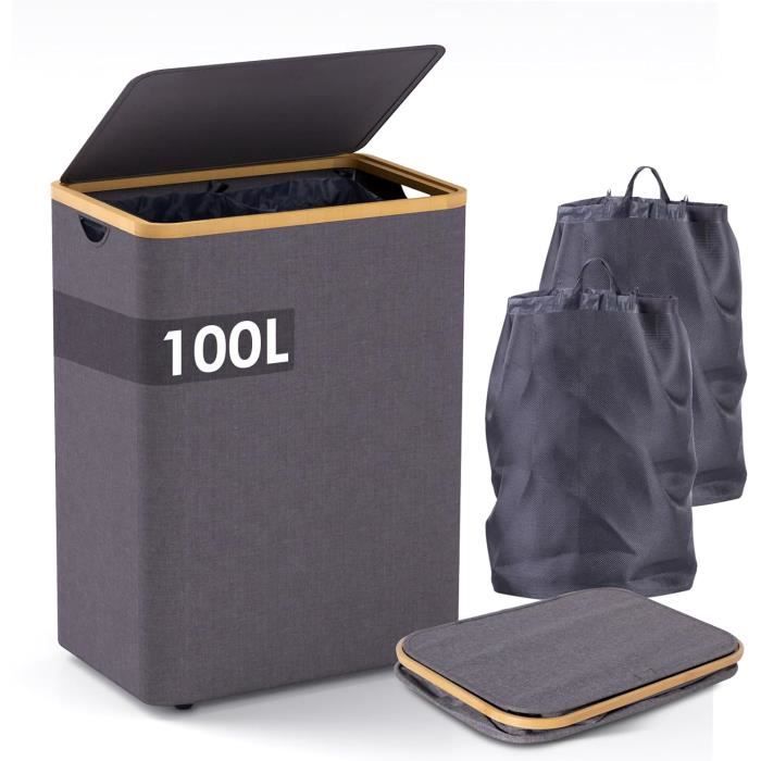 Panier a Linge Sale avec Couvercle,Grand Corbeille Linge Pliable en Bambou avec Sac Intérieur,Panière Linge,Laundry Basket 100L,Noir - Maison Panier a Linge Sale avec Couvercle,Grand Corbeille Linge Pliable en Bambou avec Sac Intérieur,Panière Linge,Laundry Basket 100L,Noir - Maison