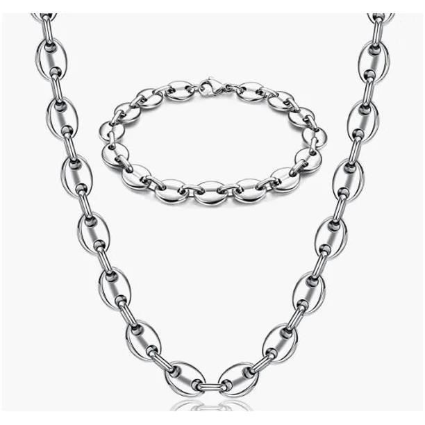 Ensemble Chaîne à Plaques T TAKONE - Collier 60cm Et Bracelet 21cm - Acier Inoxydable Argenté - Style Byzantin Moderne