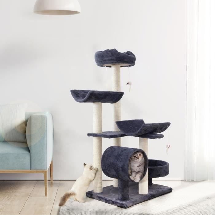 GARFIELD Arbre à chat gris 55 x 40 x 116 cm - 1 tunnel, 4 plateformes, poteaux à griffer