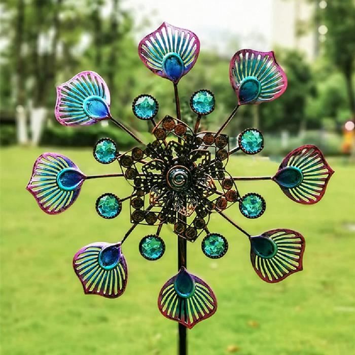 Moulin à Vent Solaire Décoratif Jardin - Double Lame Rotation Bidirectionnelle - 160-202cm Hauteur Réglable