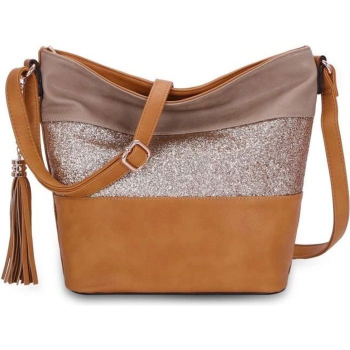 crazychic - sac bandoulière paillette femme - sacoche besace fourre-tout cuir souple porté main epaule - rayure multicolore - camel