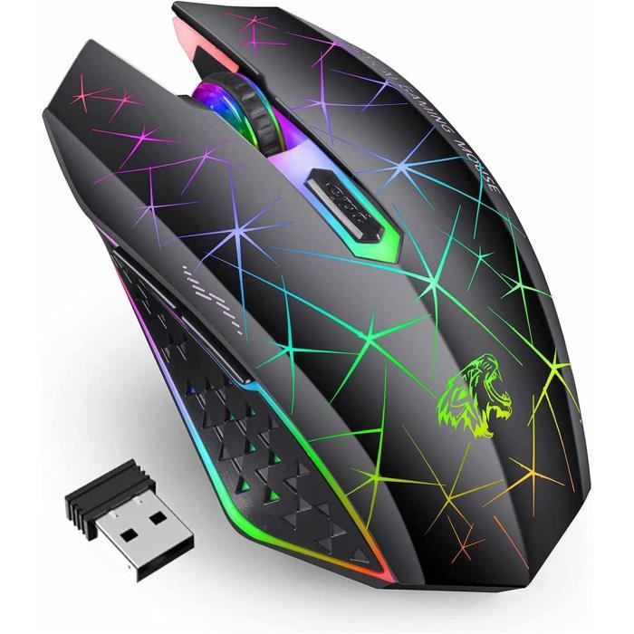 Souris Gaming Sans Fil Rechargeable 1600 DPI - Base USB Hub 3 Ports - Pour PC, Jeux, Bureau - 2,4 GHz