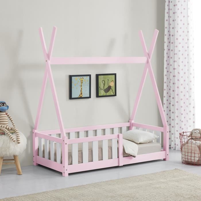 Lit Tipi pour Enfants Helsingborg avec Grille de Sécurité Pin 140 x 70 cm Rose