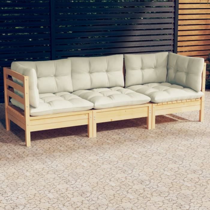 Canapé 3 Places - FAMIROSA - Jardin - Bois de Pin Solide - Coussins Crème - Design Contemporain