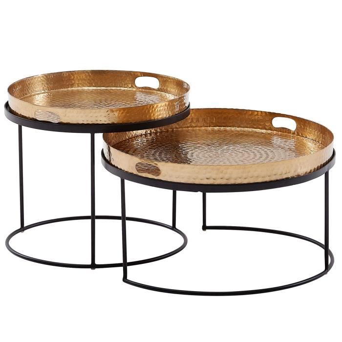 table gigogne finebuy en métal martelé - set de 2 tables rondes - noir et doré