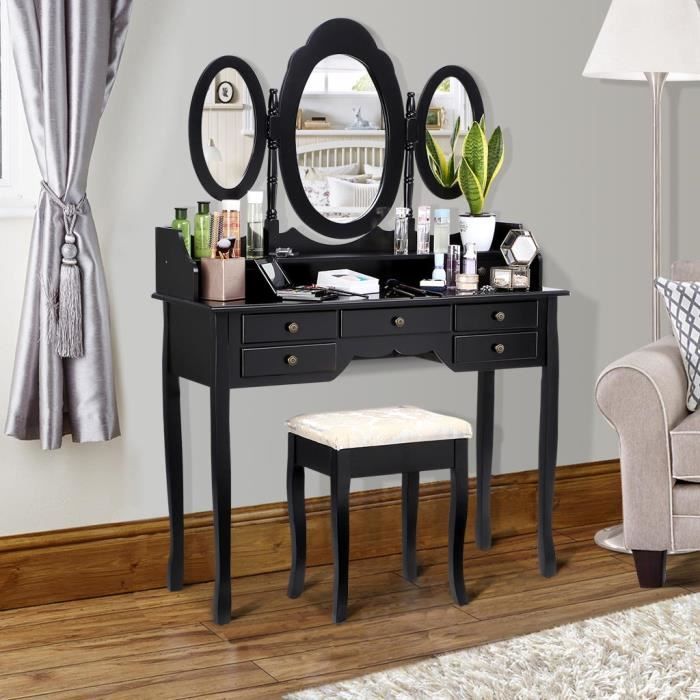 Langria Coiffeuse Table De Maquillage Avec 3 Miroirs 7 Tiroirs Et Pieds En Caoutchouc Massif Noir Achat Vente Coiffeuse Langria Coiffeuse Table De Cdiscount