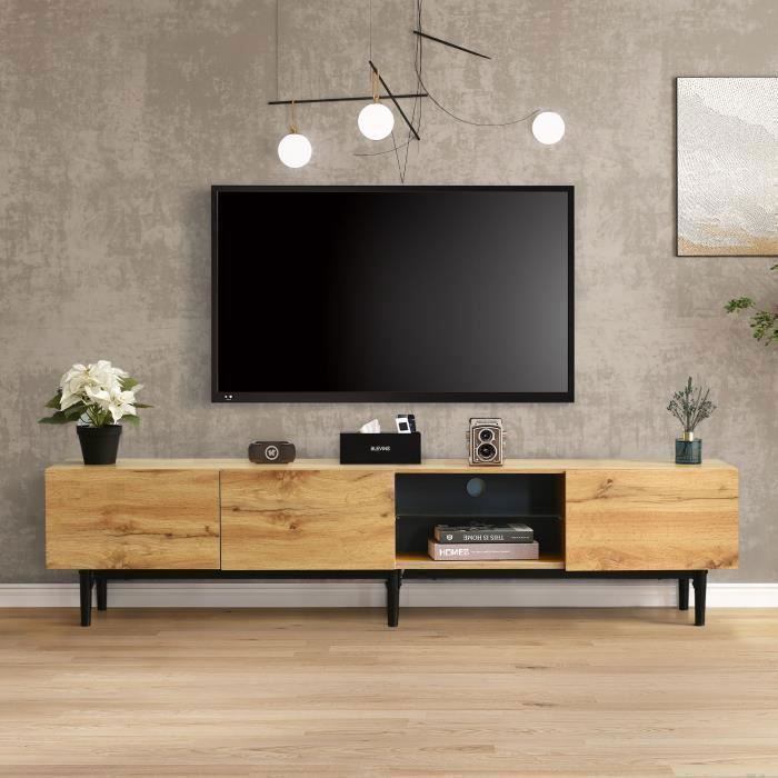 Merax Meuble TV Moderne 175 x 31 x 41 cm Console TV avec 3 portes 2 niches et Eclairage LED - Effet naturel Merax Meuble TV Moderne 175 x 31 x 41 cm Console TV avec 3 portes 2 niches et Eclairage LED - Effet naturel