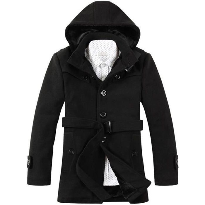 Manteau Duffle Homme Hiver Automne en Laine avec Capuche Noir Noir Cdiscount Pret a Porter