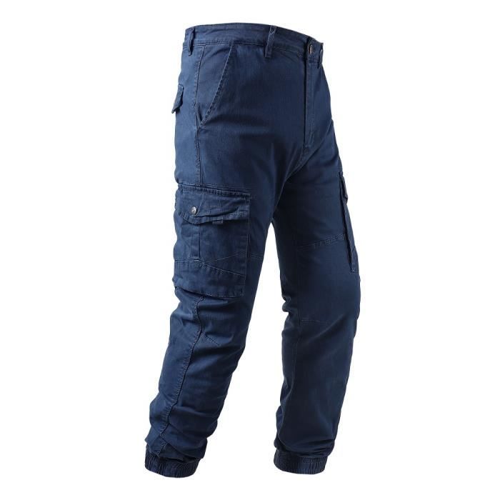 Pantalon de Travail Homme en Coton Casual Coupe Droite Multi poches Bleu fonce