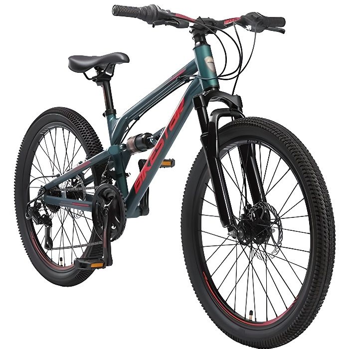 BIKESTAR | VTT Vélo tout terrain tout suspendu enfants 9+ ans | 24 pouces | 21 vitesses Shimano | Freins Disque | Vert