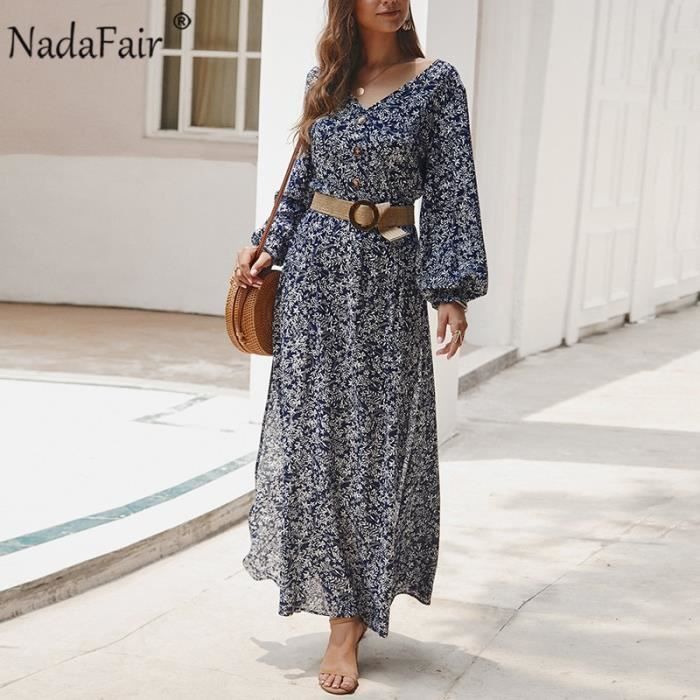 Robe longue retro a motif Floral pour femme Nadafair Type Navy Black Taille haute Manches Blanc Cdiscount Pret a Porter