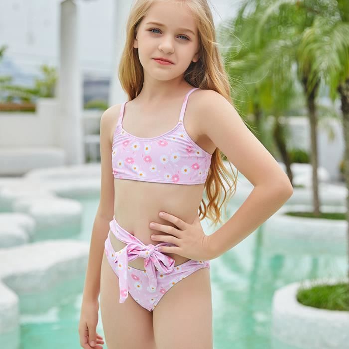 kzkr 140cm maillot de bain fille rose deux pièces impression de marguerite haut dos nu slip à lacets polyester