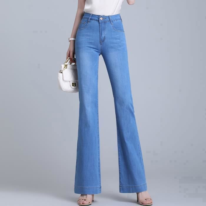 Jeans Bootcut Femme Ete Chic Leger Casual Taille Haute Slim Fit Jambe Large Bleu clair