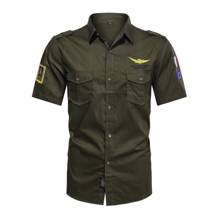 Chemise Homme Ete Manches Courtes Chemisette Cargo Coton Couleur Unie Avec  Poches Vert militaire